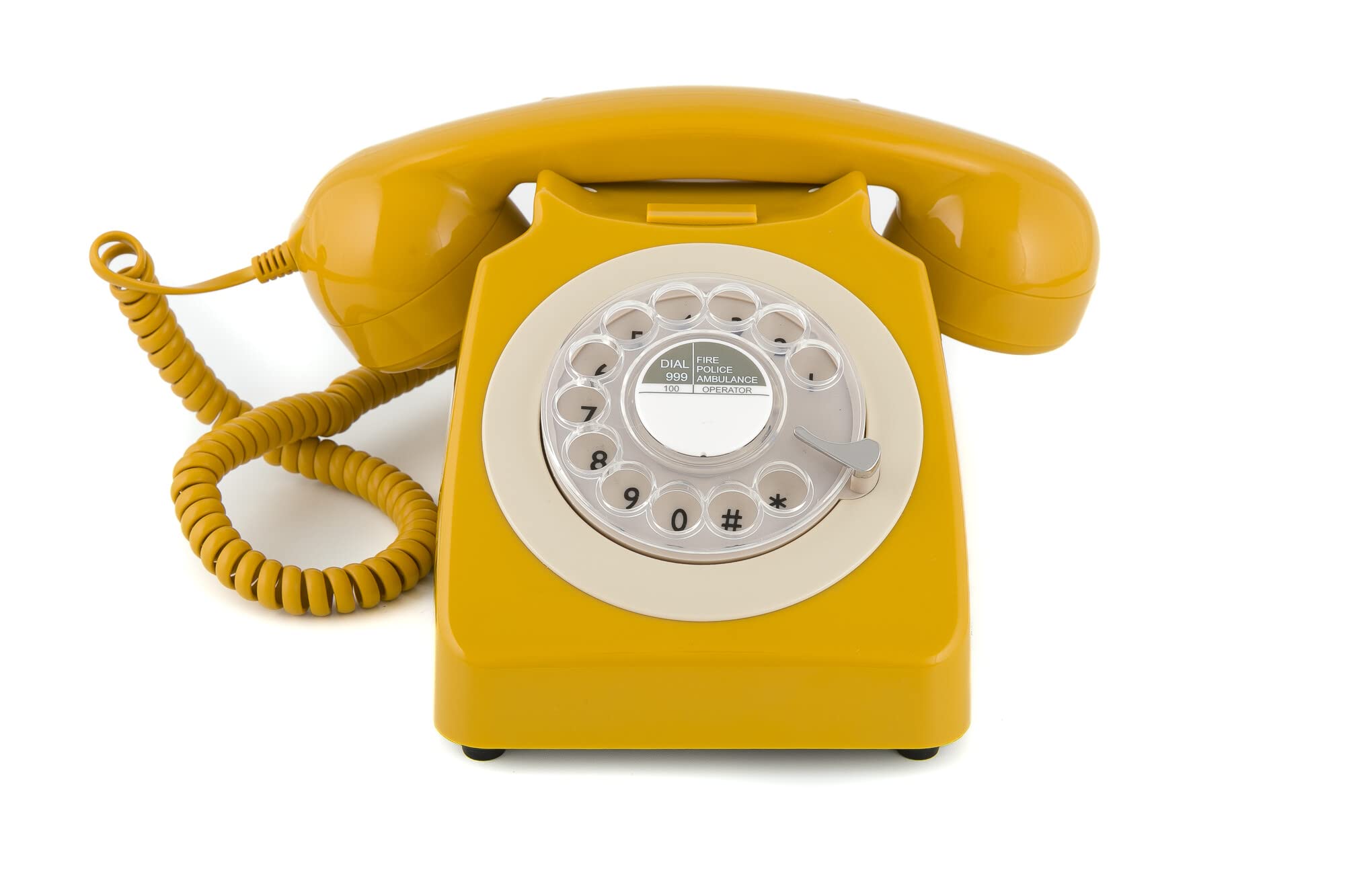 GPO 746 Rotary 1970s-Style Retro Landline Telephone, Classic Telephone with Ringer On/Off Switch, Curly Cord, Authentic Bell Ring for Home, Hotels- Mustard