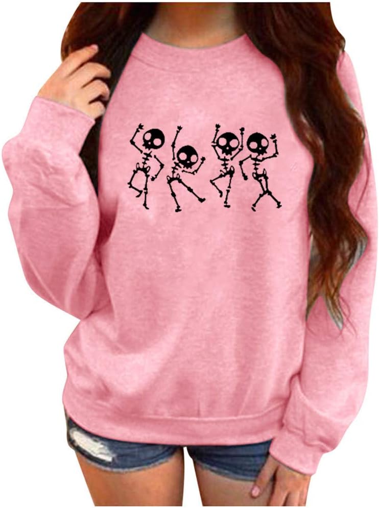Skull Dance Crew Neck Sweatshirt Women, Long Sleeve Pullover Sweatshirt, Solid Colour Winter Gothic School College Girl Sweatshirt Tops
