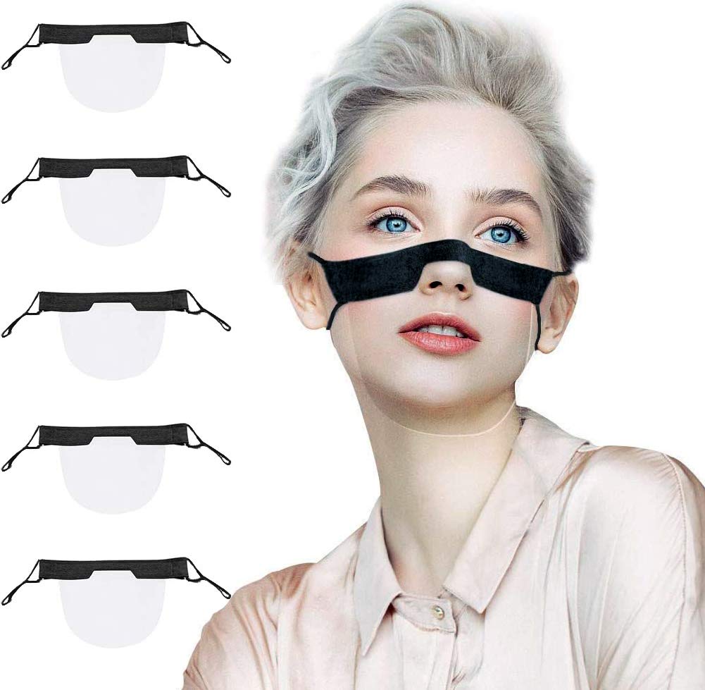 SHATCHI Plastic Reusable Half Clear Masks Mini Washable Windproof Visual Face Guard Transparent Mouth Shield Bandanas Protective Adjustable Cord Black/Grey, (1pc-10pcs), 1
