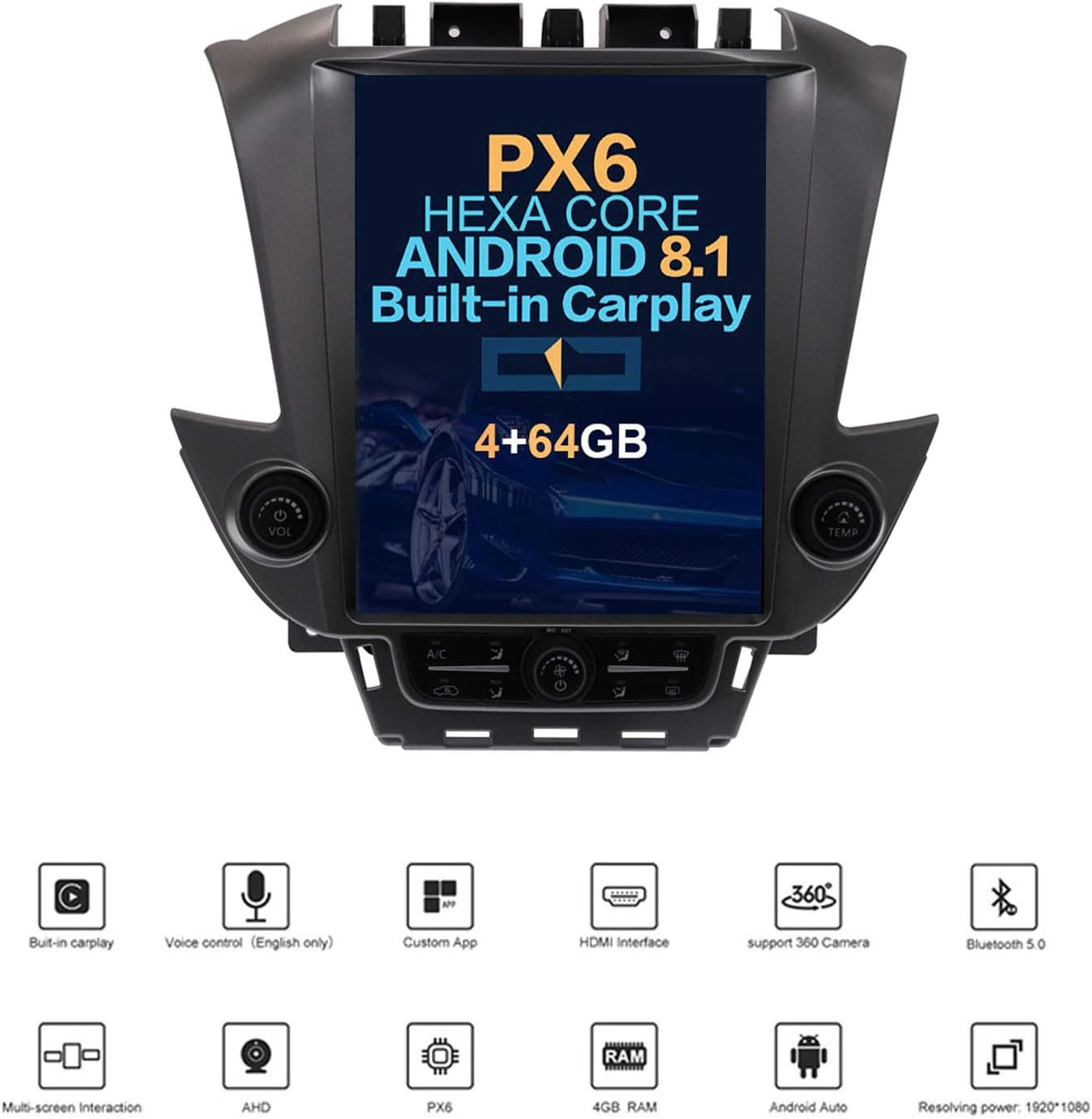 Autostereo 12.1 inch Vertical Screen Andriod 8.1 One Din Car Stereo Sat Nav Bluetooth GPS Navigation For GMC Yukon Chevrolet Tahoe Suburban 2015-2018 Adapter Head unit Wifi Carplay (Black)