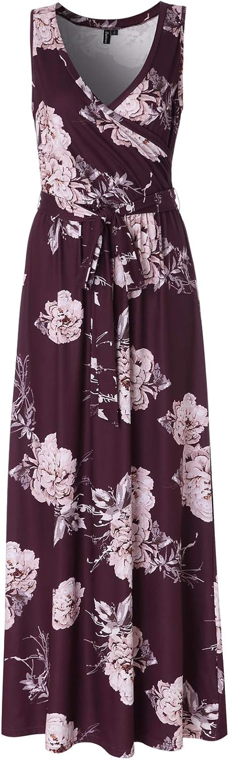 Zattcas Womens Printed Faux Wrap Bodice Sleeveless Crossover Maxi Dress