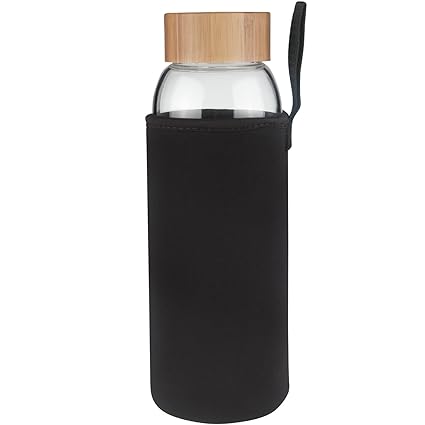 Ferexer 1 Litre Trinkflasche Glas Wasserflasche mit Bambus Deckel 1000 ml (schwarz)
