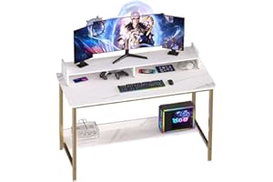 WOODYNLUX Computer Desk with Shelves, 43 Inch Gaming Writing Desk, Study PC Table Workstation with Storage for Home Office, Living Room, Bedroom, Metal Frame, White.