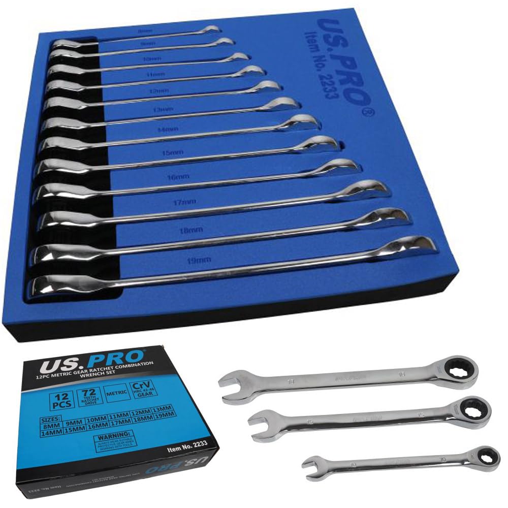 US Pro Professional Trade Quality 12 Piece Metric Combination Ratchet Spanner Set, 8-19mm B2233