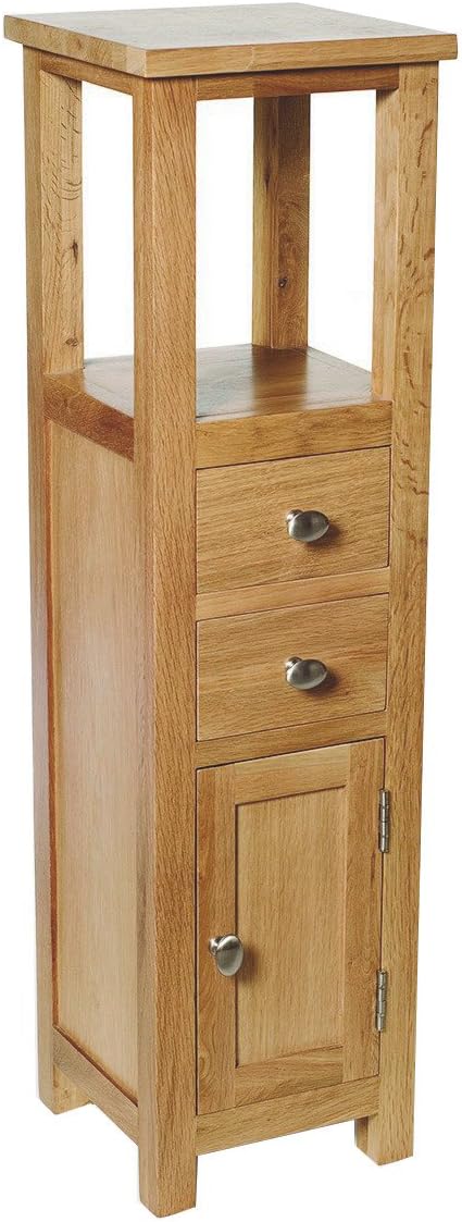 Hallowood Furniture Waverly Oak Open Top Tower Slim Storage Cabinet, Narrow Oak Bathroom Cabinet with 2 Drawers