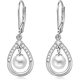 Pearl Earrings Sterling Silver Teardrop Dangles Leverback Earrings Jewelry Birthday Gifts for Women