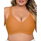 USEASY Plus Size Wireless Bras for Women V Neck Seamless Bralettes Comfort Full Coverage Bras for Women Push Up Soft Cup Everyday Sleep Bra Orange 2XL