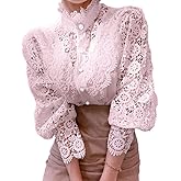 Women’s Elegant Lace Trim Shirts Casual Victorian Blouse Long Sleeve Button Down Tops