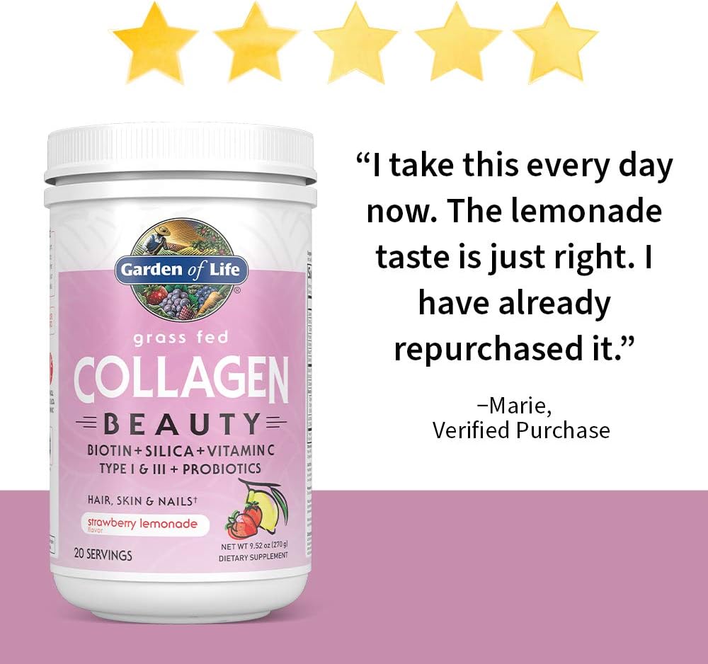 Garden of Life Grass Fed Collagen Beauty - Strawberry Lemonade, 20 Servings - Collagen Powder for Women Men Hair Skin Nails, Collagen Peptides Powder, Collagen Protein Hydrolyzed Collagen Supplements: Health & Personal Care