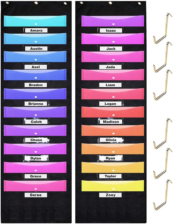 Pack of 2 Wall Storage Pocket Charts with 10 Pockets 6 Over Door Hangers File Organizer - Organize Your Assignments, Classroom Files, Scrapbook Papers & More (Black)