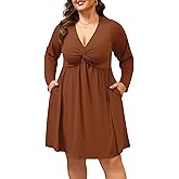 Manllenshie Womens Plus Size Dress Casual Cocktail Party Deep V Neck Twist Knot Front Flowy Midi Dresses with 2 Pockets Roll up 3/4 Sleeve (Caramel,3XL)
