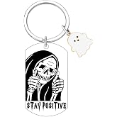 Coolvy Funny Gothic Skull Keychain Stay Positive Halloween Gifts for Women Men Skull Witchy Gift Spooky Ghostface Keychain Sugar Skulls Gift