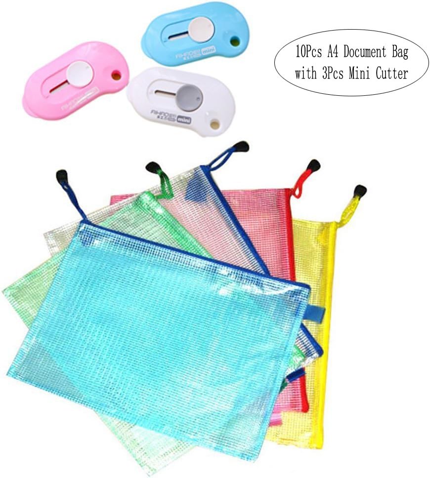 Aipark 10Pcs A4 Mesh Document Bag Transparent Plastic Portable Folders File Bags with 3Pcs Mini Cutter