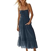 Wenrine Womens Summer Beach Dresses Backless Spaghetti Straps Self Tie Tiered Flowy Casual Maxi Dress with Pockets Navy