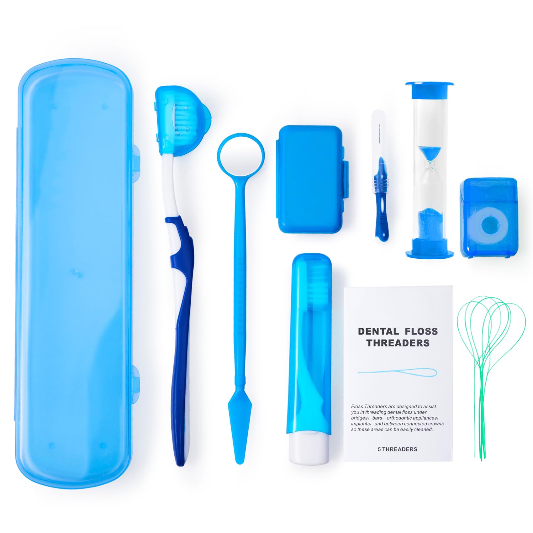 Annhua Fixed Braces Cleaning Kit, 8 Pack Blue Orthodontic Travel Dental Care Set, Portable Orthodontic Oral Care Kit with Interdental Brushes, Brace Wax, Floss Threader, Oral Mirror and Timer