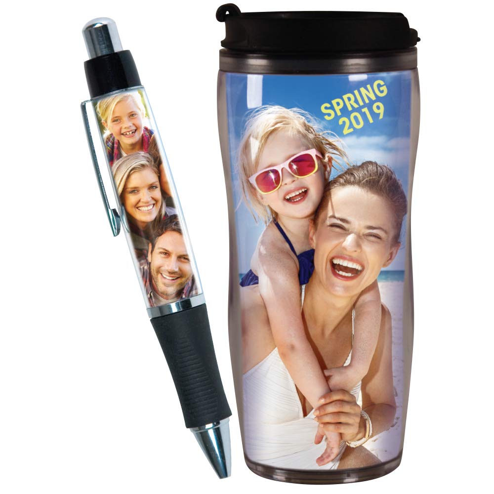 Pix Mug + PixPen = DIY Gift Combo - Create Your Own Custom Photo Travel Mug and Pen – Insert Your Own Photos or Create Inserts Online