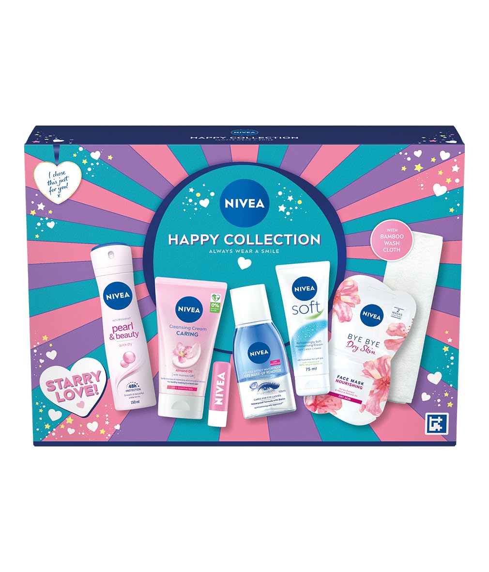 NIVEA Happy Collection Skincare Gift Set, Women's Gift Set with Anti-Perspirant, Facial Cream, Lip Balm, Eye Make-Up Remover, Moisturiser, Face Mask, Wash Cloth
