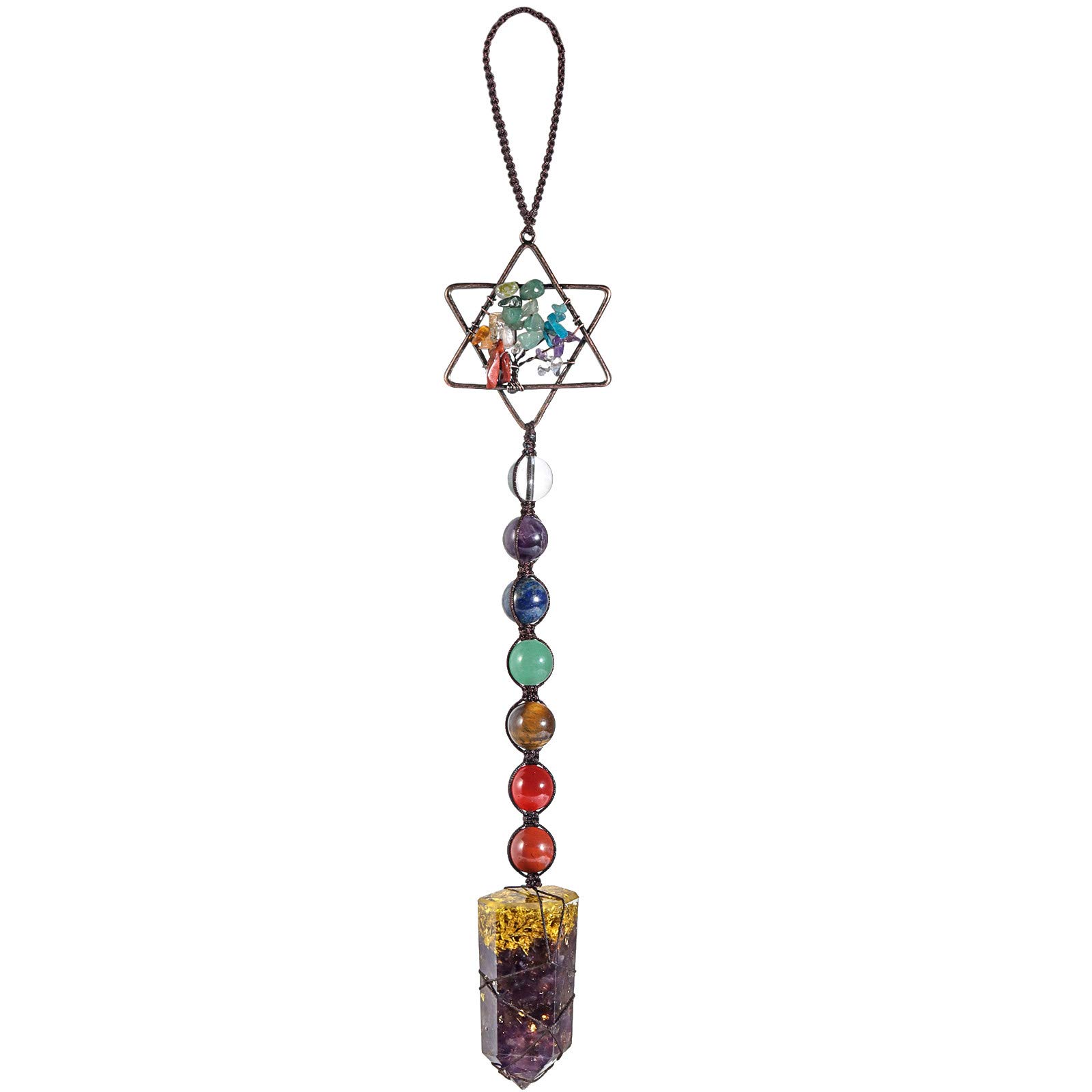 mookaitedecor Hexagram Tree of Life Hanging Ornament, 7 Chakra Healing Stones with Amethyst Crystal Wand for Home Car Decoration, Total Length 11"/28cm