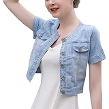 Amazon.com: Chaqueta de mezclilla corta para mujer, cuello redondo, manga  tres cuartos, chaqueta azul claro, Azul claro : Ropa, Zapatos y Joyería