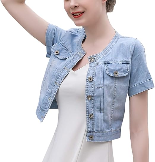 women's short sleeve blue jean jacket