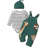 Bekarsy Baby Boy Clothes Fall Winter Outfits Infant Long Sleeve Striped Romper Cartoon Suspender Overalls 3 Pcs 0-18 Months