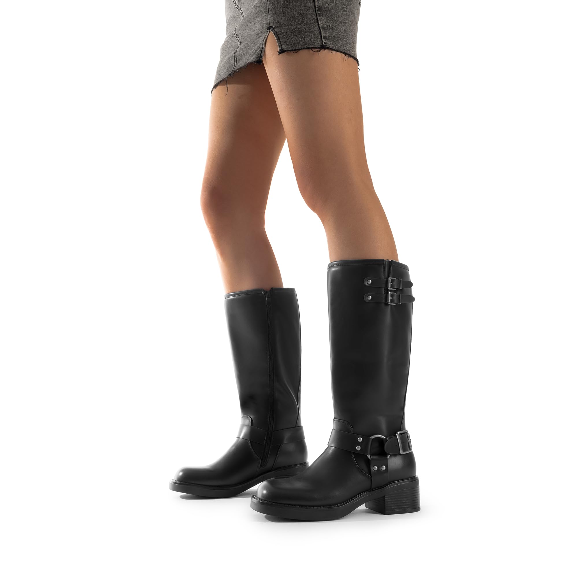 DREAM PAIRS Women's Knee High Boots Side Zipper Motorcycle Boots Square Toe Chunky Low Heel Fashion Buckles Biker Riding Boots