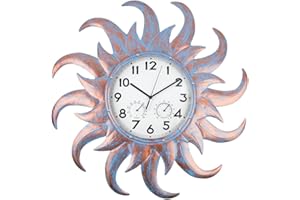HOBYLUBY Large Sun Outdoor Clock Silent Non-Ticking, Outdoor Wall Clock with Thermometer & Hygrometer Combo, Decor Quartz Outside Clock for Patio, Garden, Living Room (Blue)