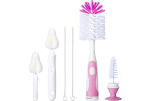 CAREBABYMORE Baby Bottle Brush Set with Nipple Cleaner and Suction, 10.2" Cleaning Brush and 6.5" Sponge Bottle Brush with A Replacement Brush Head and Two 6.7" Straw Brushes, Pack of 5 (Pink)