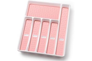 Silverware Organizer with Cutlery Icons，Pink Kitchen Silverware Tray for Drawer，Plastic Flatware Tableware Cultery Drawer Org