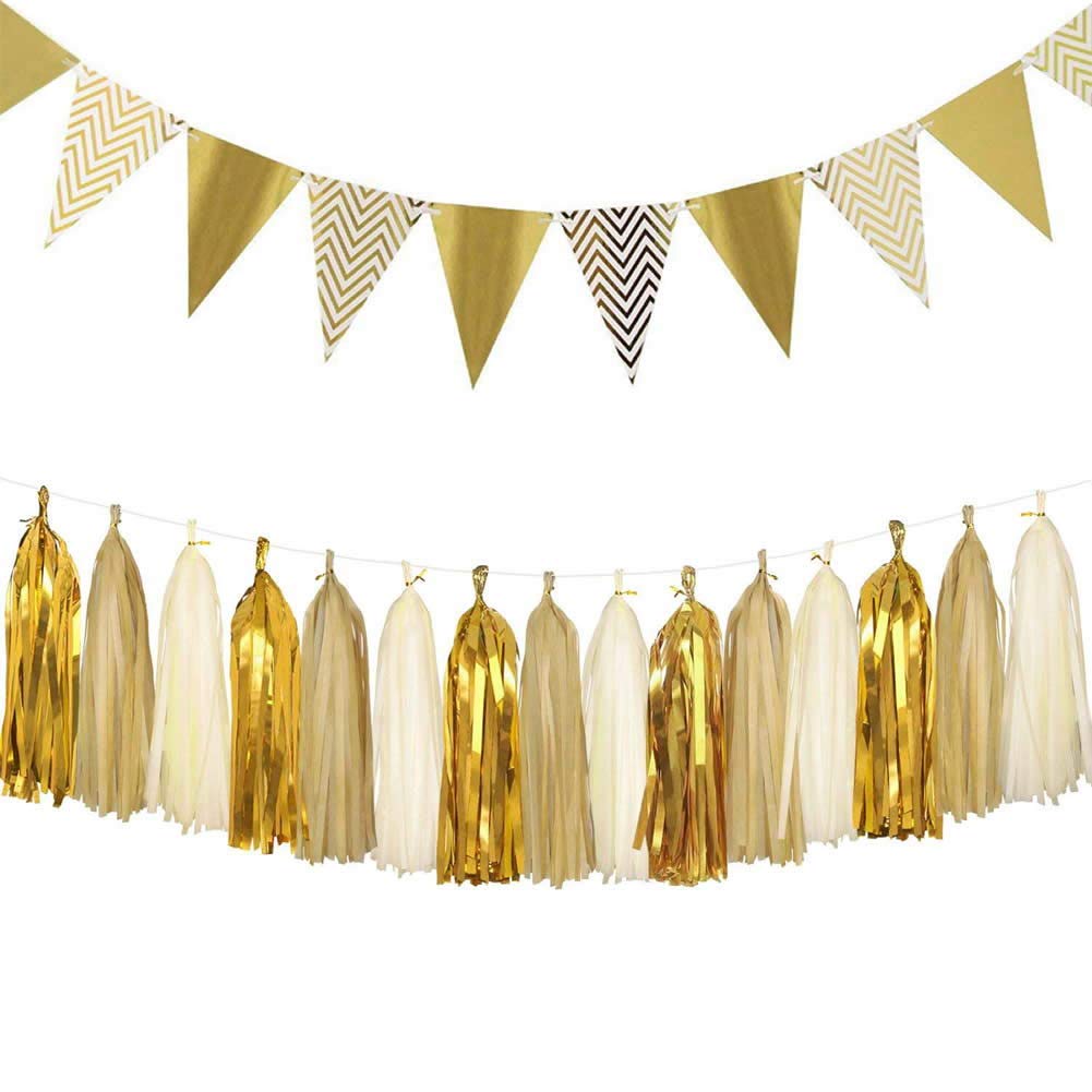 Dusenly Vintage Triangle Flags Gold Glitter Pennant Bunting Banner and Tissue Paper Tassels Garland Set for Wedding, Bridal Shower and Birthday Party Decorations Supplies (Gold)