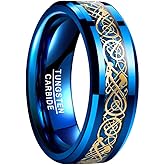 Vakki Celtic Dragon Rings for Men 8mm Blue/Silver Carbon Fiber Inlay Tungsten Carbide Wedding Band Beveled Edge Size 5-14