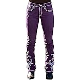 Flamingals Women's Mid Waist Bootcut Jeans Floral Embroidery Flap Pocket Trendy Vintage Pants