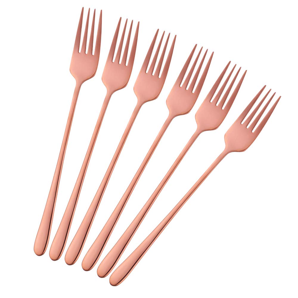 BISDARUN Stainless Steel Dinner Forks Pack of 6 Rose Gold Table Forks Long Handle 21.3 cm(8.4 inches) Korean Cutlery Forks Set for Steak Meat