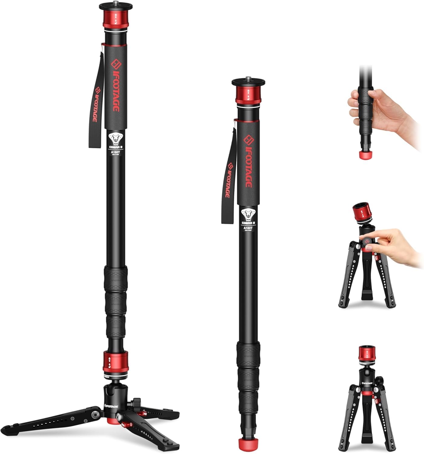 IFOOTAGE Cobra 3 A180T Camera Monopod With Feet for Photography, Twist-Lock Monopod Design for Cameras with Removable Tripod Stand Base, Canon, Nikon, Sony, DSLR, Video Camcorder — image 1