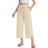 KICZOY Womens Linen Pants Casual Ruffle Waist with Drawstring Summer Capri Pant with Pockets