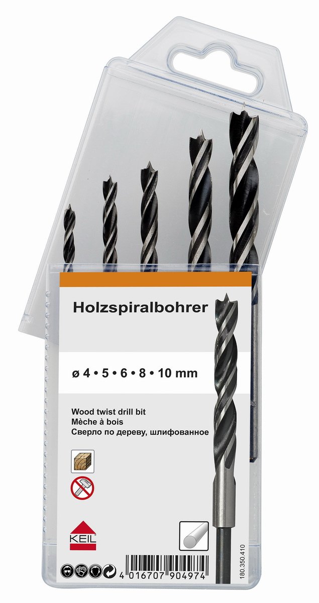 KEIL 180 350 410 Wood Twist Drill Bit Assortment 5 Pieces Diameter 4.0/5.0/6.0/8.0/10.0 mm in Multipack
