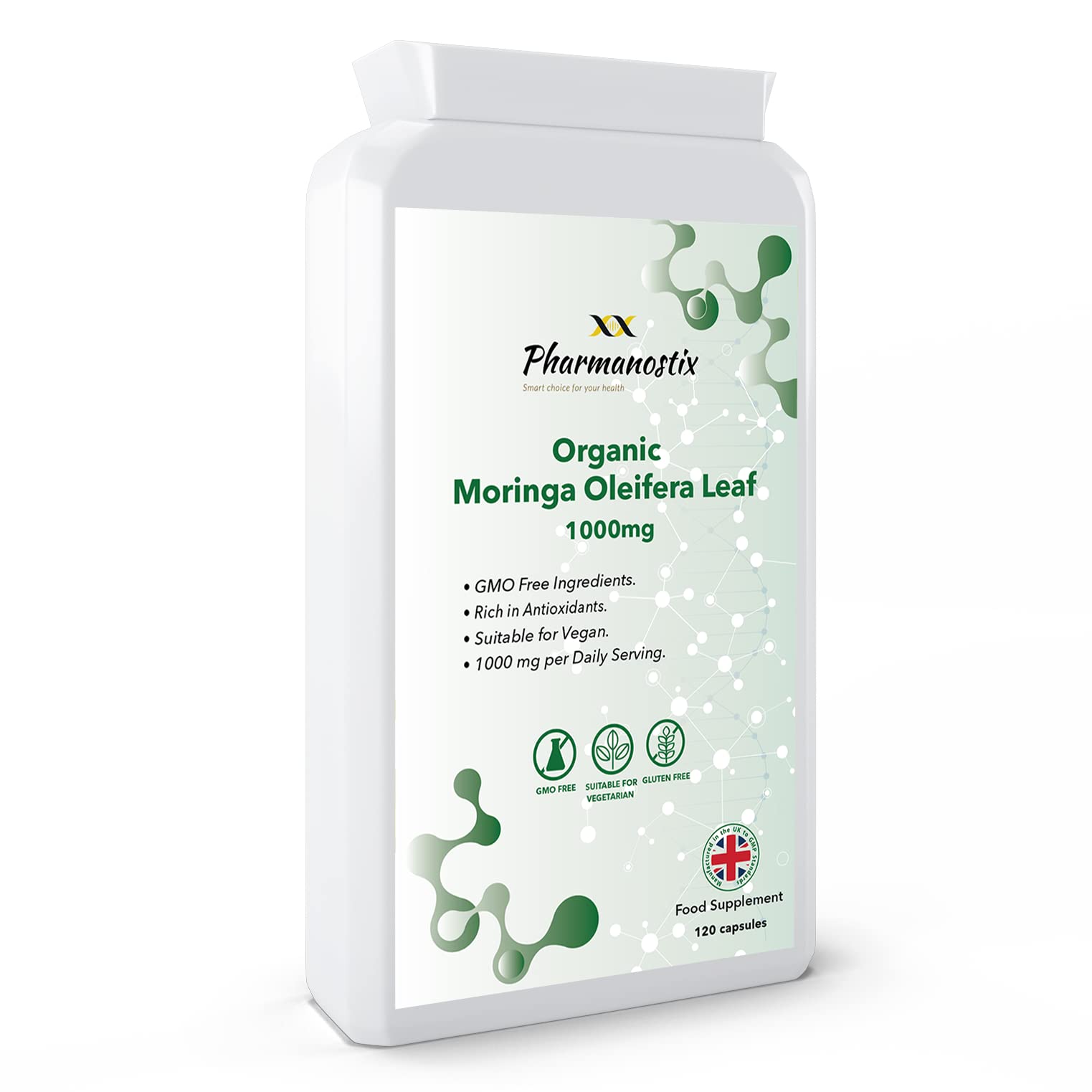 Pharmanostix Organic Moringa Oleifera Supplement - 1000mg Per Serving 120 Capsules (Not Moringa Tablets) - 2 Months' Supply - no fillers or Flowing Agents - Rich in Vitamins & Amino Acids