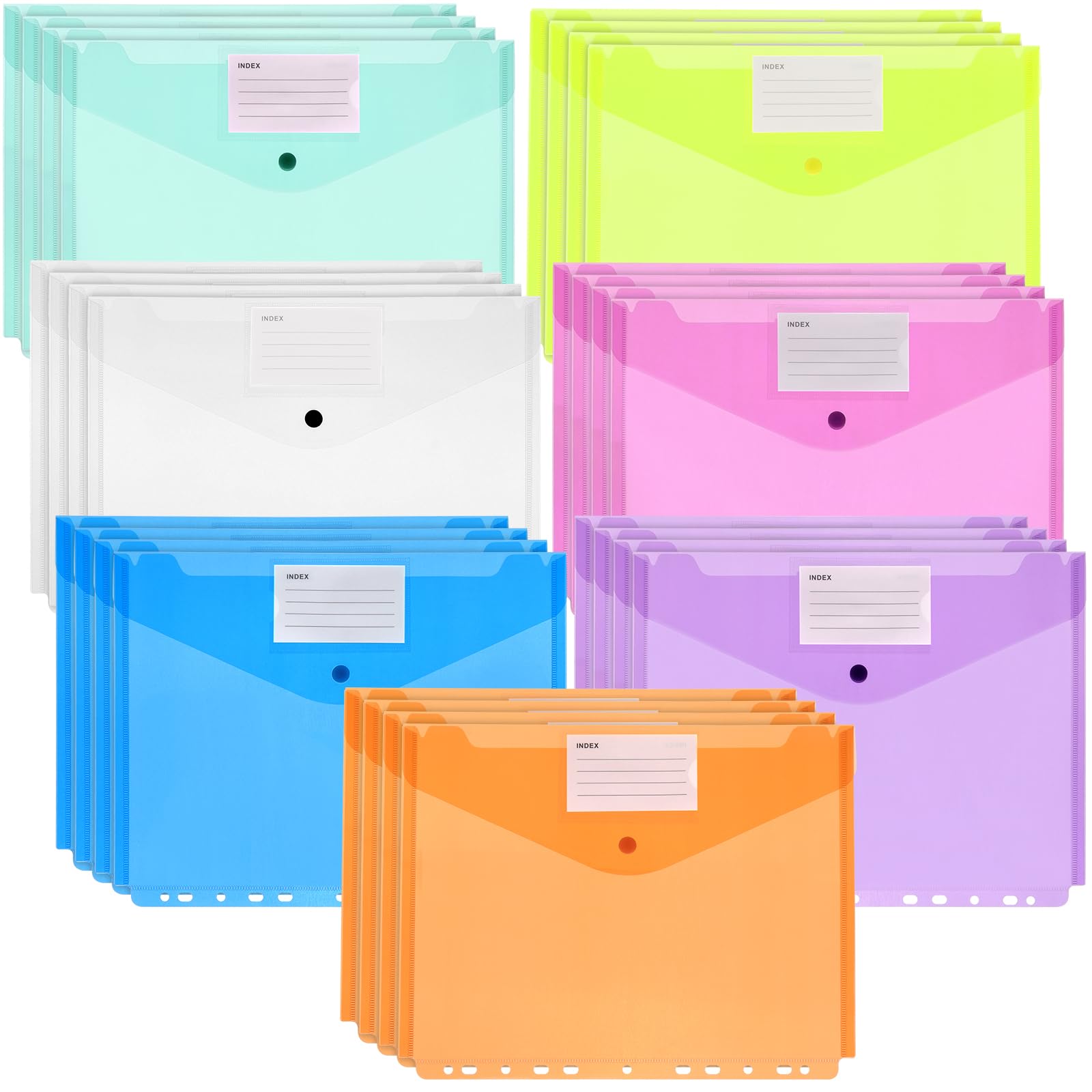 FAAING Pack of 28 A4 Document Folders for Filing, Document Bag A4 Filing with Press Stud, 11 Hole Folder Plastic Folder for Documents Organising