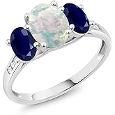 White Simulated Opal and Gemstone Birthstone with Diamond Accents 3-Stone Engagement Ring for Women | 10K White Gold | Oval 8X6MM and 6X4MM | Elegant Wedding Anniversary Promise Ring | Size 5-9