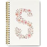 QROZIAR Pink Cute Spiral Notebook Journal, Preppy Floral Initial Letter S Personalized Journaling Notebooks, Monogrammed Gifts for Women Girls, Botanical Hardcover Spiral Lined Notebook 5.5 x 8.3