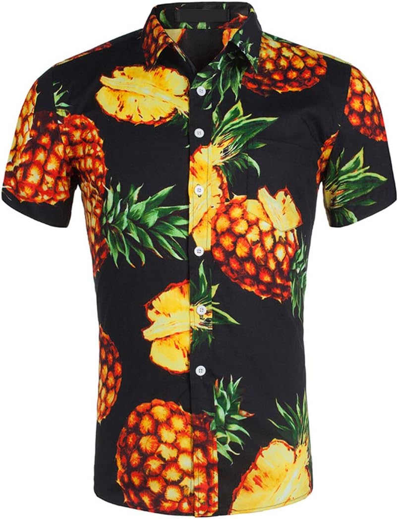 CATERTO Men's Short Sleeve Standard-Fit 100% Cotton Button Down Casual Pineapple Hawaiian Shirt