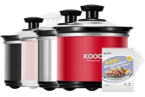 KOOC Small Slow Cooker, 0.65 Quart, Free Liners Included, Upgraded Ceramic Pot, Nutrient Loss Reduction, Sauces, Stews & Dips, Stainless Steel, Red, Round