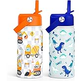 SANDJEST Kid Water Bottle 12oz with Straw Lid - 2-Pack Insulated Stainless Steel Water Bottles for Kids Girls - Travel Cup for School Sports, Construction & Dinosaur