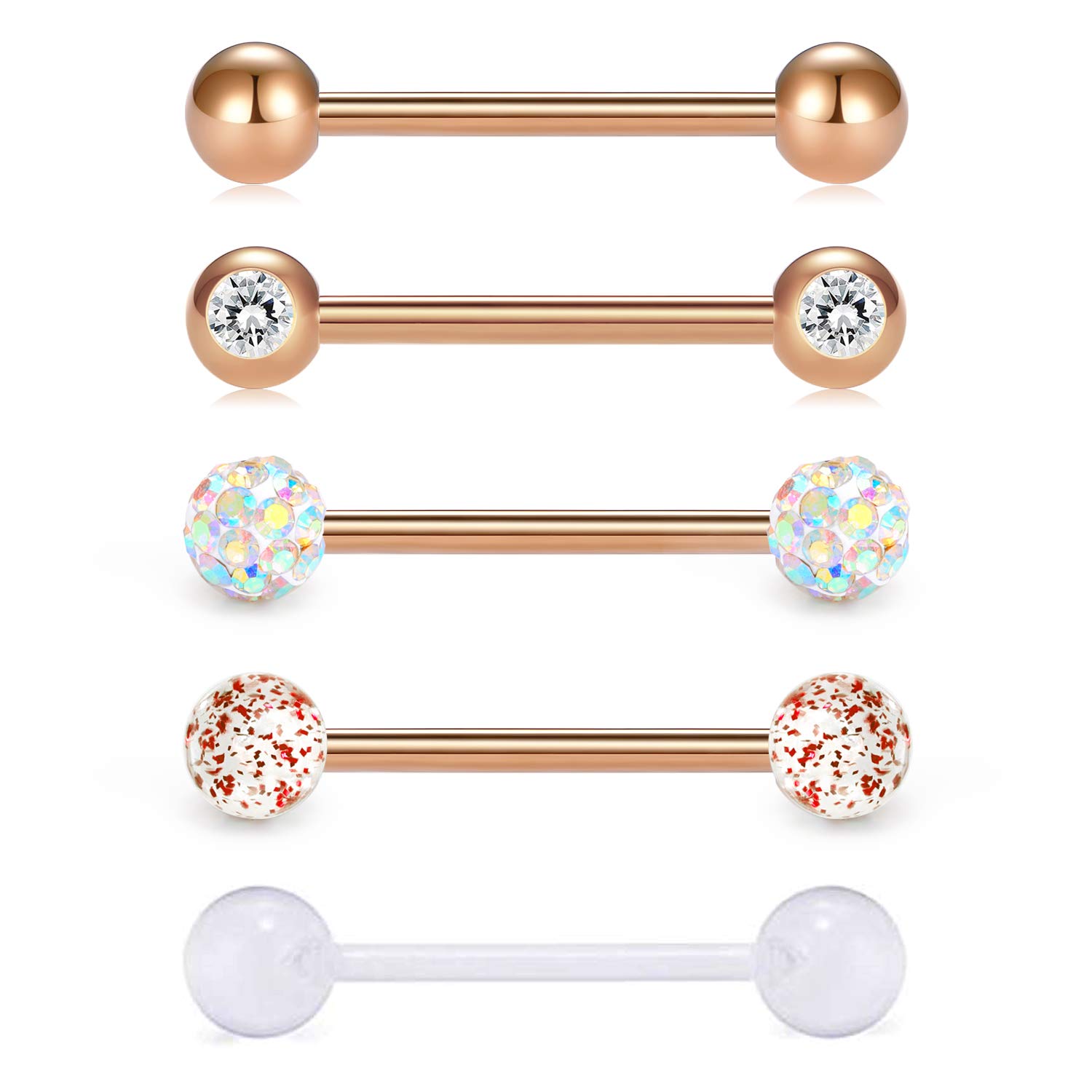 VCMART 5pcs 14Gauge Tongue Bars Piercing Ring Set 16mm Surgical Steel Flexible 5 Styles