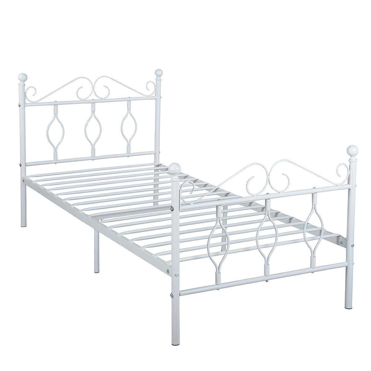 GreenForest queen Bed Frame Metal Platform Complete Bed with Vintage Headboard and Footboard Box Spring Replacement Steel Slats Bed, White Twin