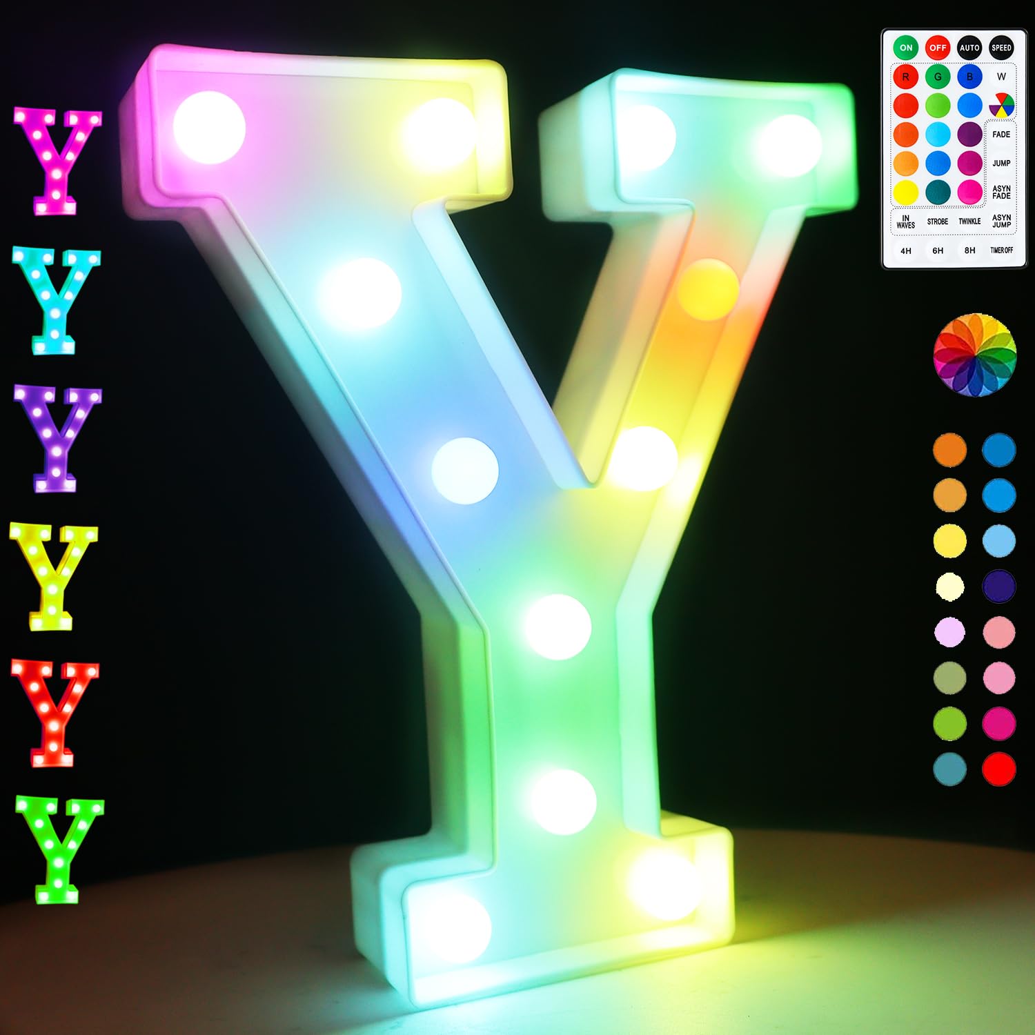 Light Up Colorful LED Marquee Letter Lights, 18 Colors Changing Alphabet Letters Sign with Remote Timer for Night Light Wedding Birthday Party Lamp Christmas Home Bar Decor- Colorful Y