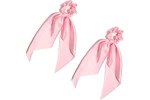 LFOUVRE Pack of 2 Knotted Bow Hair Scrunchies Elastic Hair Scarf Black Hair Ties Bands Satin Hair Ribbon Scrunchy Red Ponytail Holder for Women and Girls (Light pink)