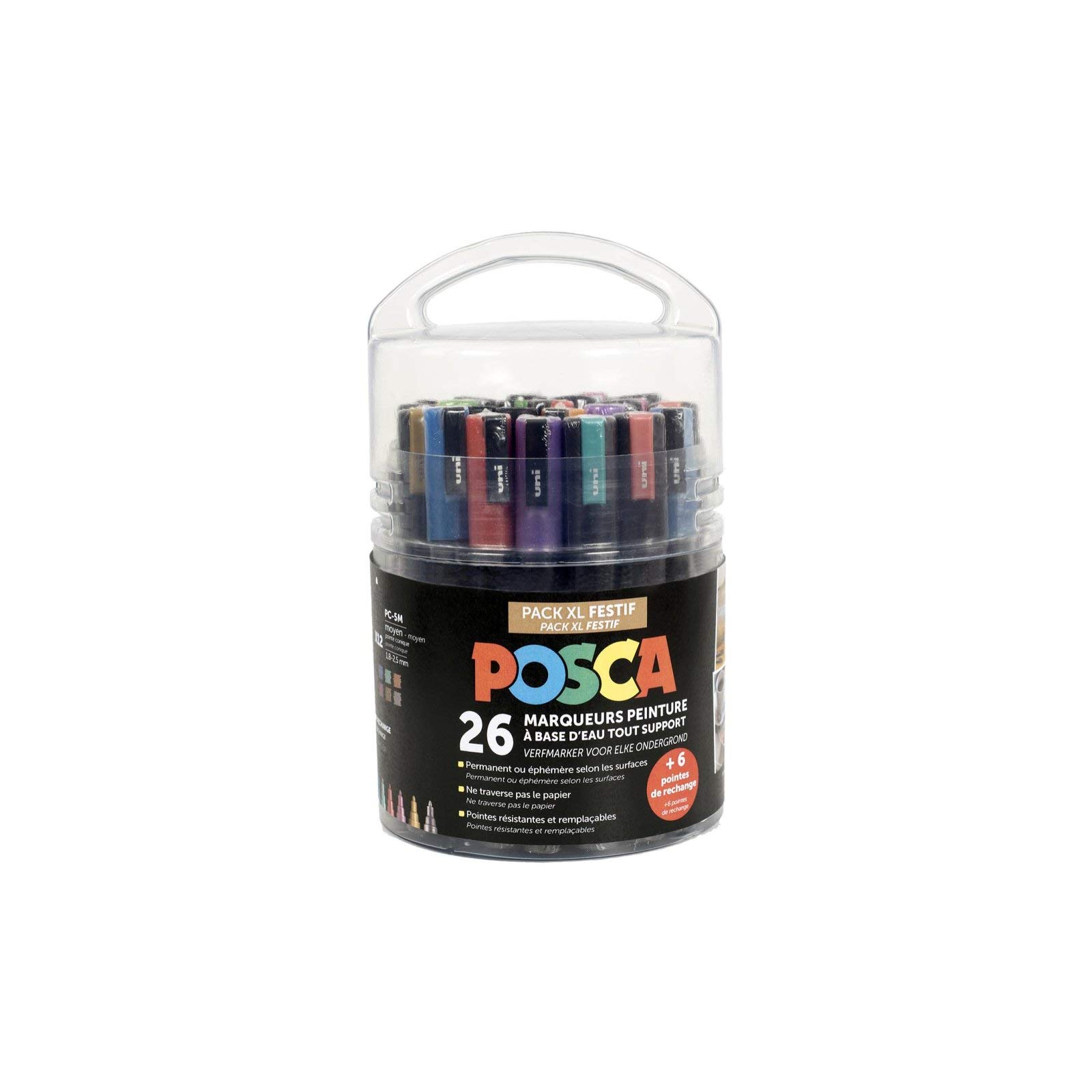 POSCA - Uni Mitsubishi Pencil - Posca Pot Special for Creative Hobbies - Pack XL - 26 Markers - 2 Sizes of PC3M and PC5M Tips - 6 Spare Tips Included - Metallic and Glitter Colours