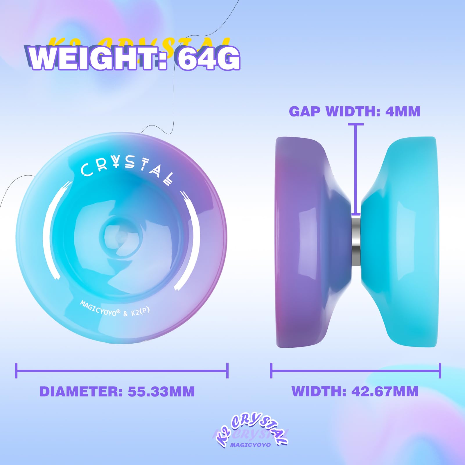 Yoyo Professional K2 Crystal Yo Yo, Responsive Yo-yo for Kids Beginners, Dual Purpose Yoyo for Adults Advanced + Unresponsive Yo-Yo Bearing + 12 Strings+Storage Bag + Bearing Tool ( Blue Purple)