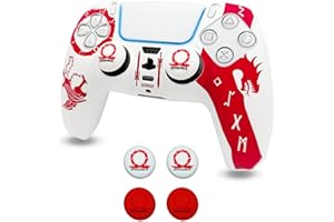 ElitePlay White and Red God of War Anti-Slip Silicone Cover Skin for PS5 Controller, Soft Rubber Case with Thumb Grip Set